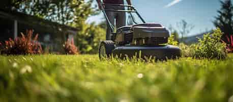 Kostenloses Foto ein gärtner schneidet das gras in einem hinterhof