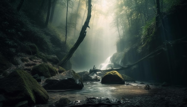 Kostenloses Foto ein geheimnisvolles, von der ki generiertes abenteuer im nebligen wald erwartet sie