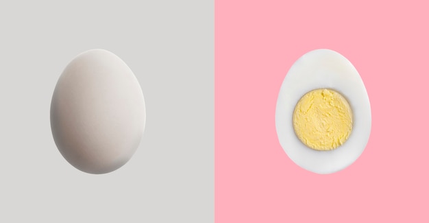 Ein gekochtes gekochtes ei einzeln auf pastellfarbenem hintergrund Premium Fotos