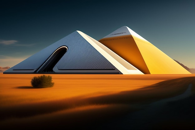 Ein gelb-weißes Pyramidengebäude mit dem Wort „Pyramide“ auf der Spitze.