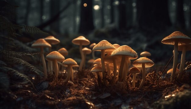 Ein gelber Fliegenpilz wächst wild im Herbstwald, der von KI generiert wird