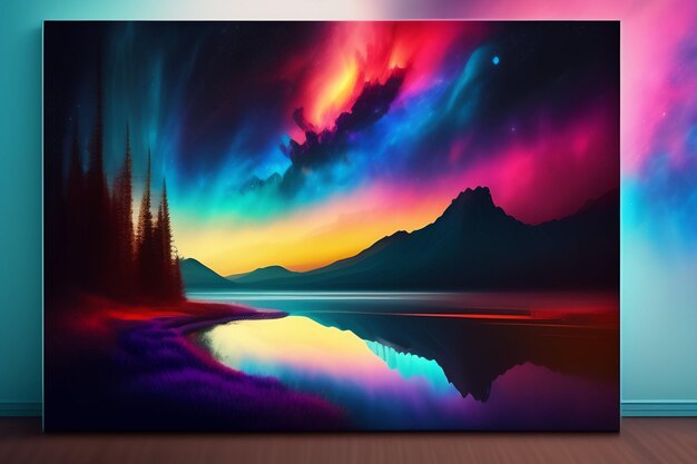 Ein Gemälde einer Landschaft mit den Polarlichtern darauf