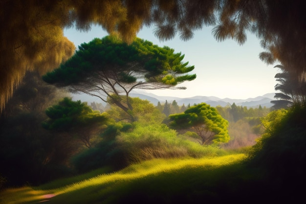 Ein Gemälde eines Baumes in einem Feld mit Bergen im Hintergrund.