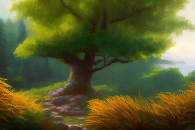 Ein Gemälde eines Baumes in einem Wald mit dem Titel "der Baum"