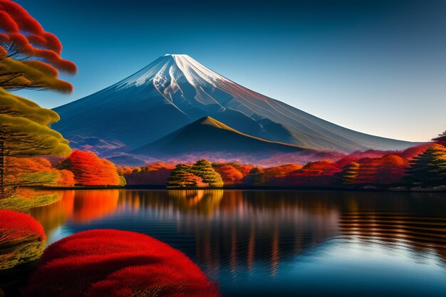 Ein Gemälde eines Berges mit einer roten Fahne und einem kleinen Haus auf dem Wasser.