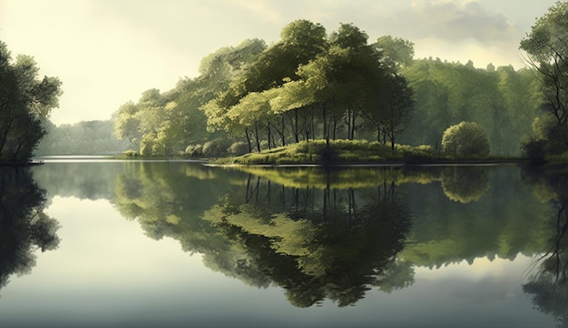 Ein Gemälde eines Waldes mit der Reflexion der Bäume auf dem Wasser.