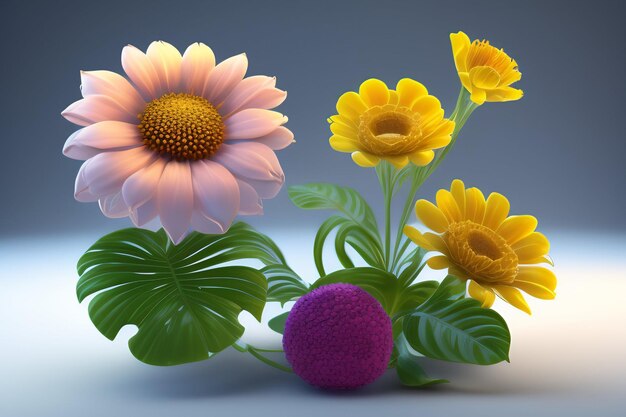 Ein Gemälde mit Blumen und einem Ball, der Blumen sagt