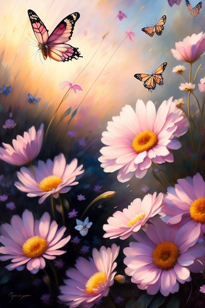 Ein Gemälde von Blumen mit Schmetterlingen im Vordergrund