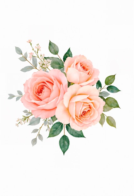 ein Gemälde von rosa Rosen mit grünen Blättern und grünen Blatten