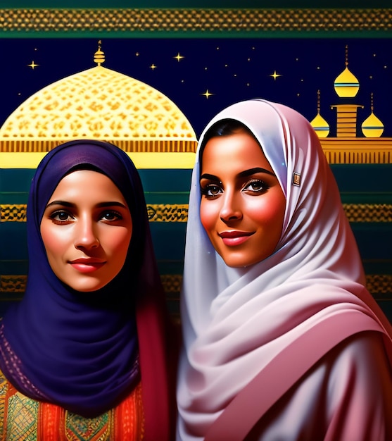 Ein Gemälde von zwei Frauen vor einer Moschee.