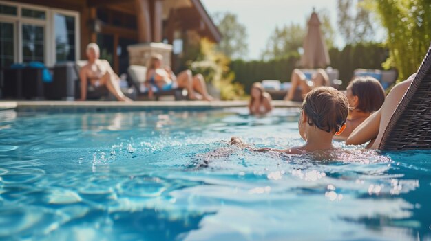 Ein gemütlicher Pooltag für die ganze Familie, an dem die Eltern auf den Liegestühlen faulenzen, während die Kinder im Wasser planschen und spielen