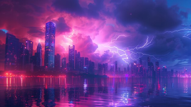 Ein Gewitter über der Stadt in der Nacht