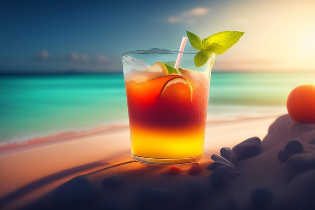 Ein Glas Cocktail mit einem Strohhalm am Strand.