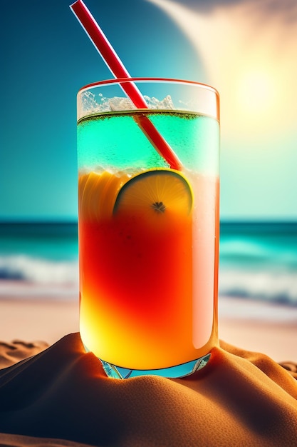 Kostenloses Foto ein glas orangensaft an einem strand mit einem strand im hintergrund.