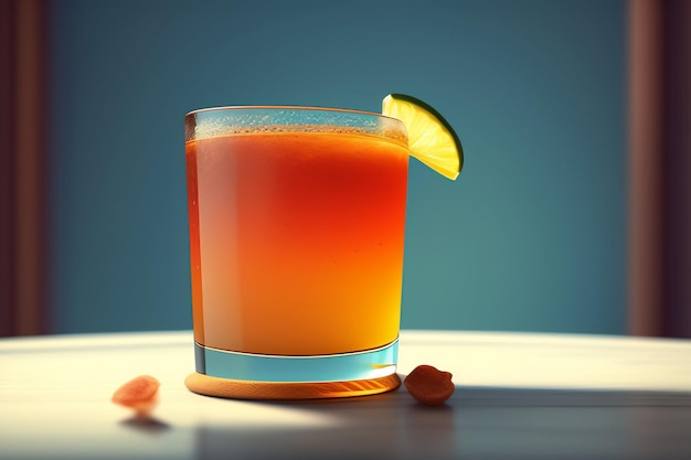 Kostenloses Foto ein glas orangensaft mit einer limettenscheibe am rand.