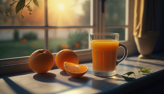 Ein Glas Orangensaft und ein Glas Orangensaft stehen auf einem Tisch vor einem Fenster.