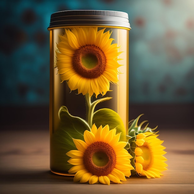 Ein Glas Sonnenblumen mit dem Wort darauf