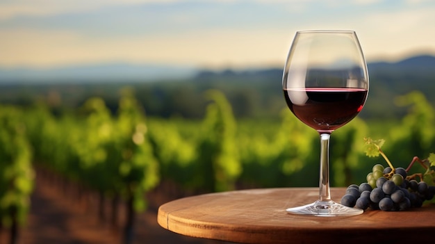Ein Glas Wein auf einem alten Tisch mit Weinberghintergrund