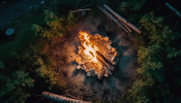 Ein glühendes Lagerfeuer erhitzt ein von der KI perfekt generiertes Gourmet-Menü im Freien