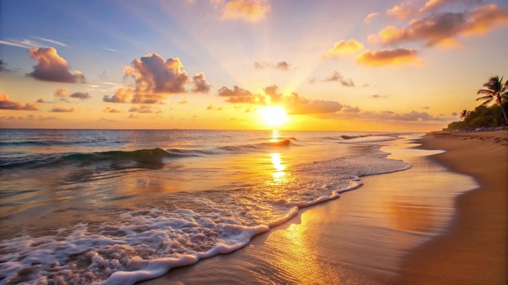 Kostenlose Foto ein goldener sonnenuntergang über einem tropischen strand mit palmen