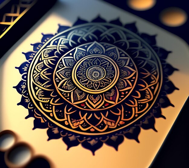 Ein goldenes und blaues Bild eines Mandalas mit dem Wort darauf