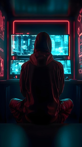Ein Hacker mit rotem Hoodie sitzt vor einem Computermonitor