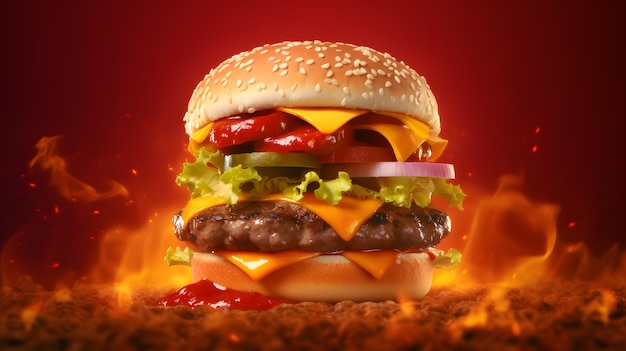 Kostenloses Foto ein hamburger auf rotem hintergrund, hergestellt mit generativer ki