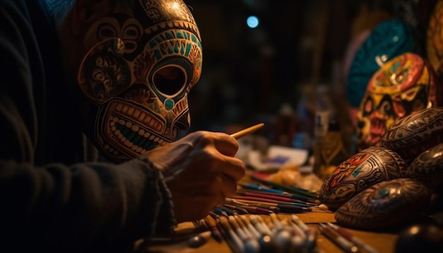 Ein Handwerker mit Pinsel schafft mithilfe von KI erzeugte Keramikskulpturen