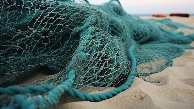 Ein Haufen Fischernetze liegt auf dem Sand