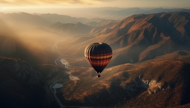 Kostenloses Foto ein heißluftballon fliegt über eine berglandschaft.