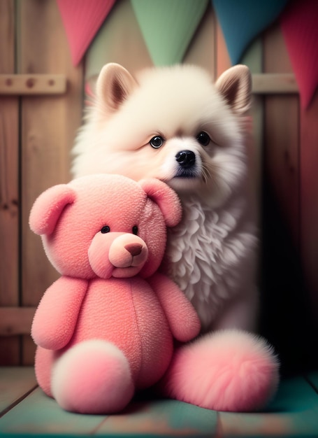 Kostenloses Foto ein hund mit einem rosa teddybären auf dem kopf