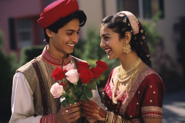 Ein indisches Paar feiert den Antragstag, indem es romantisch miteinander umgeht.