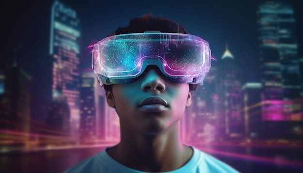 Ein Junge, der eine VR-Brille mit dem Wort VR auf der Vorderseite trägt.