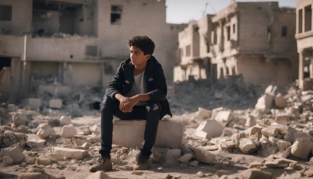 Kostenloses Foto ein junger mann sitzt auf einem zerstörten gebäude mitten in der wüste