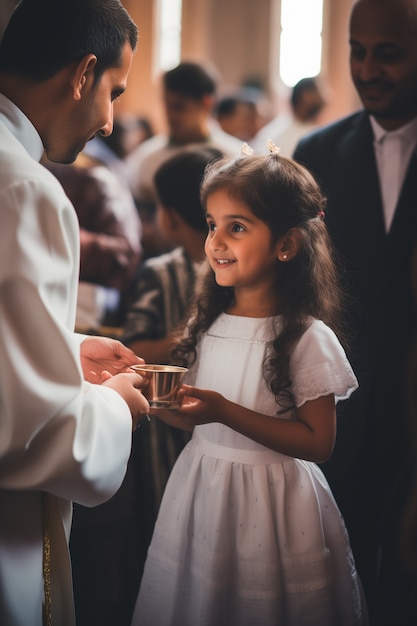 Kostenloses Foto ein junges mädchen in der kirche, das ihre erste kommunion zeremoniert