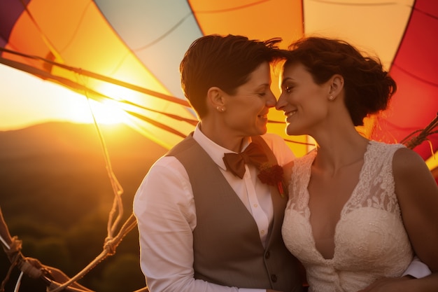 Ein junges Paar heiratet in einem Heißluftballon