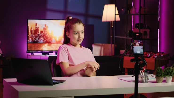 Kostenlose Foto ein kind der generation z filmt mit dem telefon ein video im pov-stil für einen online-kanal und spricht mit den zuschauern