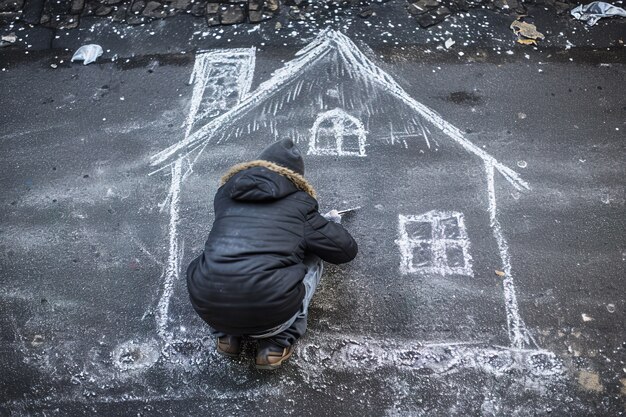 Ein Kind zeichnet ein Haus mit Kreide auf der Straße