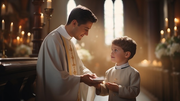 Kostenloses Foto ein kleiner junge in der kirche nimmt seine erste kommunion ein