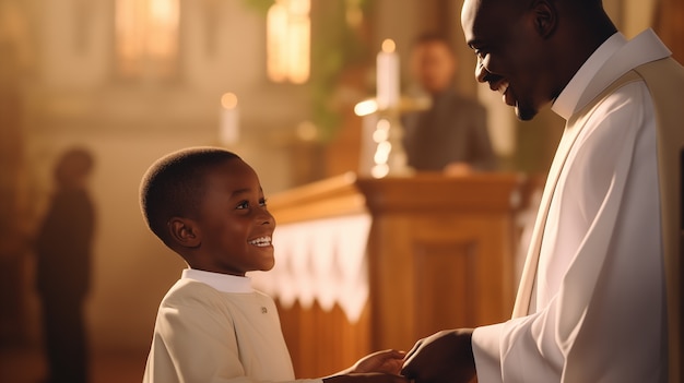 Kostenloses Foto ein kleiner junge in der kirche nimmt seine erste kommunion ein