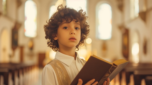 Ein kleiner Junge in der Kirche nimmt seine erste Kommunion ein
