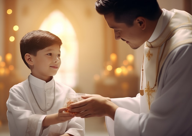 Kostenloses Foto ein kleiner junge in der kirche nimmt seine erste kommunion ein