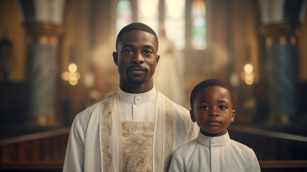 Ein kleiner Junge in der Kirche nimmt seine erste Kommunion ein