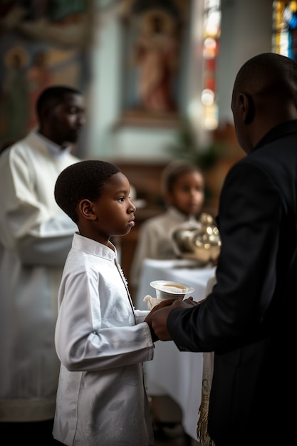 Ein kleiner Junge in der Kirche nimmt seine erste Kommunion ein