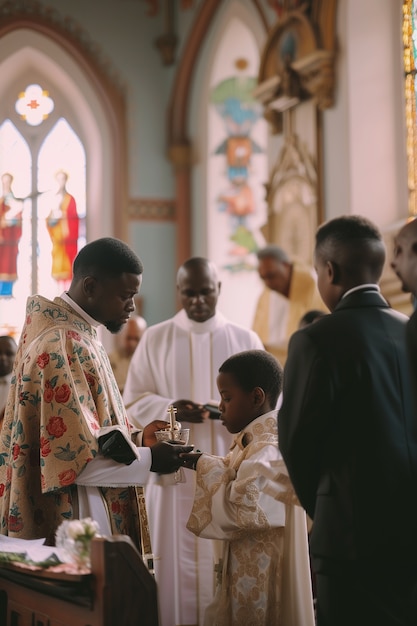 Kostenloses Foto ein kleiner junge in der kirche nimmt seine erste kommunion ein
