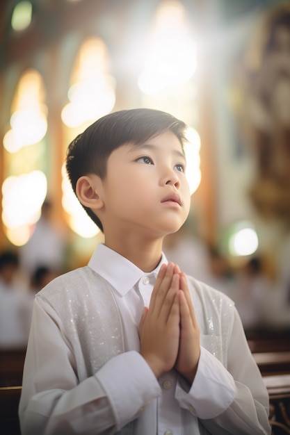 Kostenloses Foto ein kleiner junge in der kirche nimmt seine erste kommunion ein