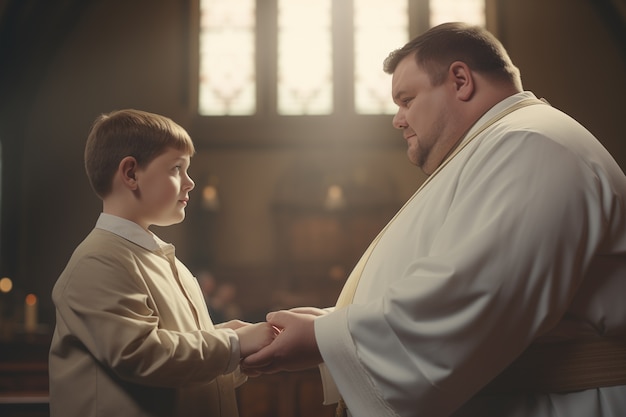 Kostenloses Foto ein kleiner junge nimmt seine erste kommunion in der kirche ein