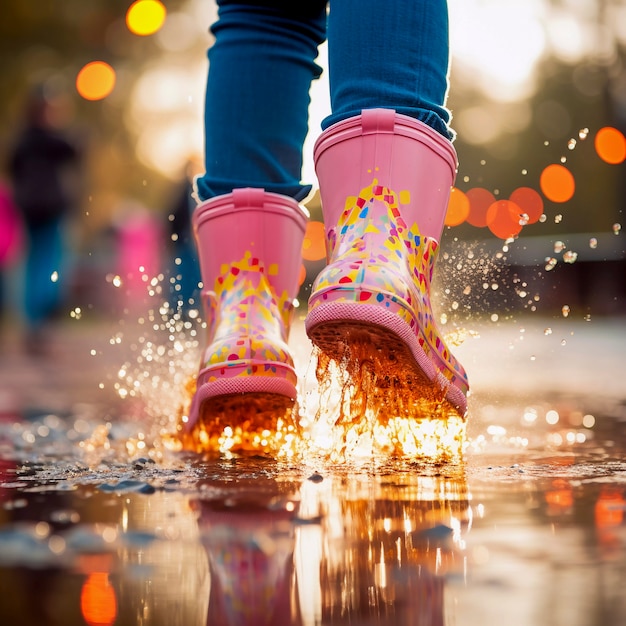 Kostenloses Foto ein kleines kind genießt das glück der kindheit, indem es nach dem regen in der pfütze spielt