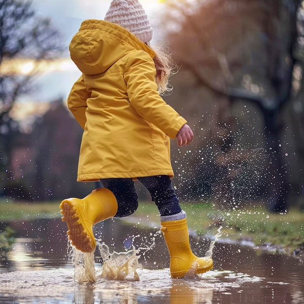 Ein kleines Kind genießt das Glück der Kindheit, indem es nach dem Regen in der Pfütze spielt