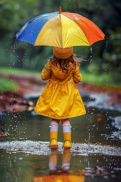 Kostenloses Foto ein kleines kind genießt das glück der kindheit, indem es nach dem regen in der pfütze spielt